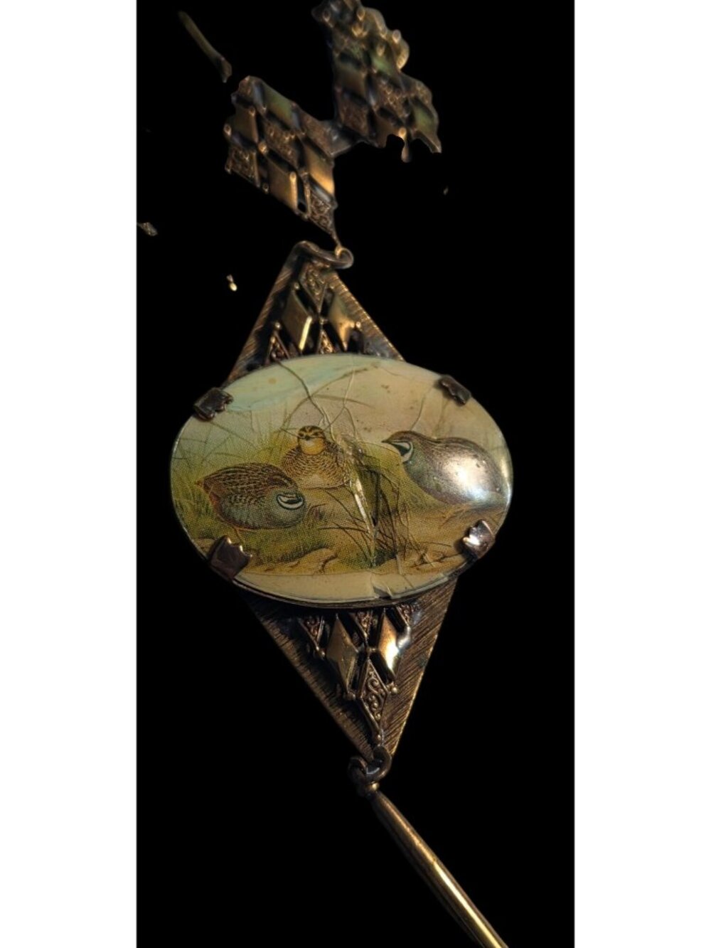 Antique Victorian Celluloid Quail Bird Pendant Necklace Brass Filigree 22" AS IS - Picture 14 of 15